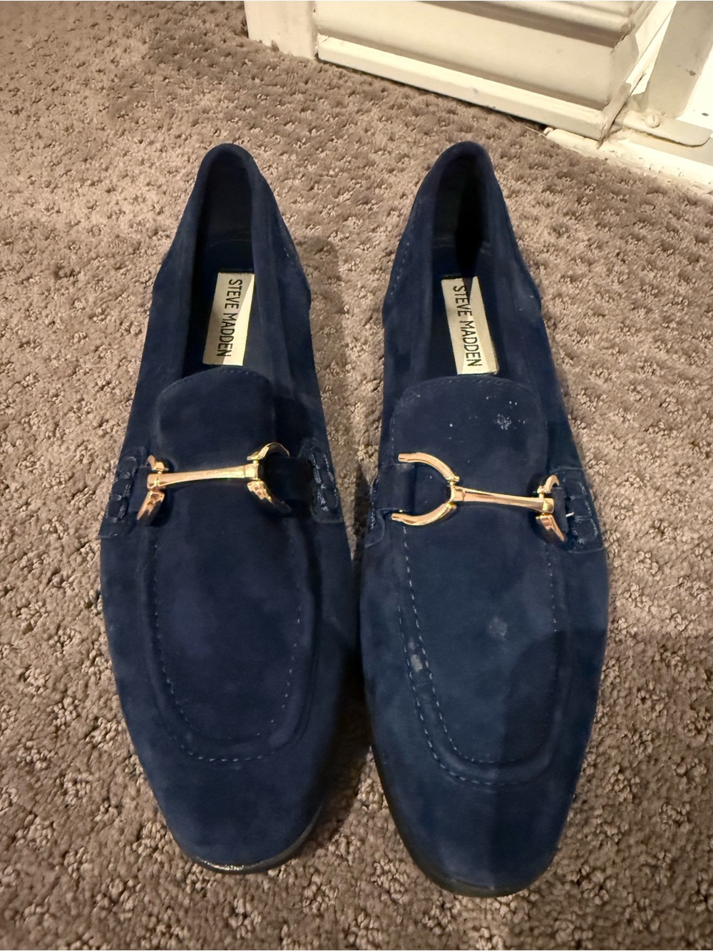 Steve Madden Navy Suede Slip-On Loafers with Gold Bit